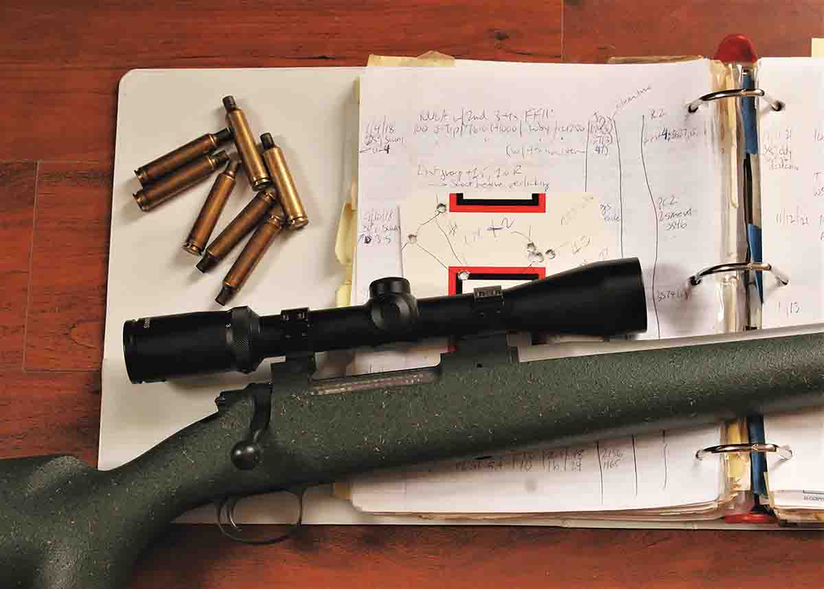 The Hodgdon H-1000 load with Nosler E-Tips averages less than half an inch at 100 yards for three-shot groups – or even four-shot groups – from the New Ultra Light Arms Model 28. (The 1.74-inch group above the scope was from a clean bore.)